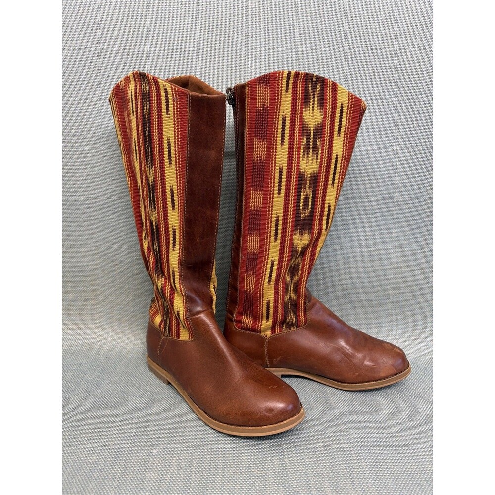 Reef Women’s Santa Marta Brown Leather Aztec Tapestry Tall Boots Sz 7 Western